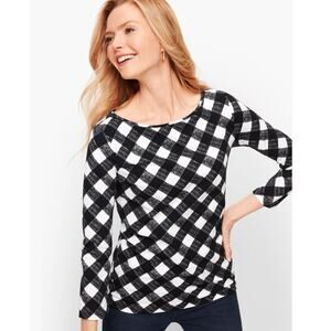 NWOT Talbots COTTON BATEAU NECK TEE - GINGHAM black and white womens size xs